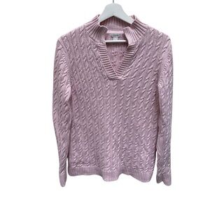 L.L BEAN VINTAGE Pink Cable Knit Collared V Neck Sweater 100% Cotton Size M
